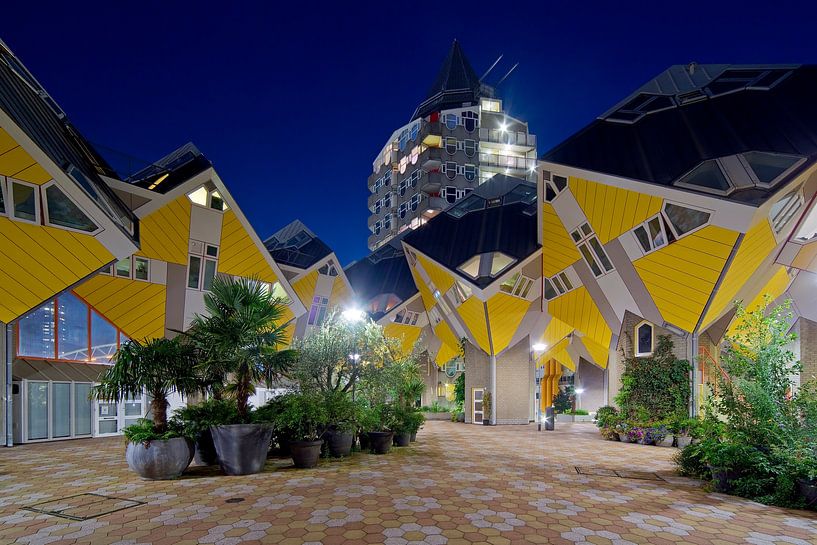 Night shot of the Cube Houses and the Pencil in Rotterdam by Anton de Zeeuw