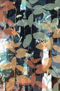 Moderne abstracte botanische kunst. Sprookjesbos. Bladeren in groen en bruin van Dina Dankers