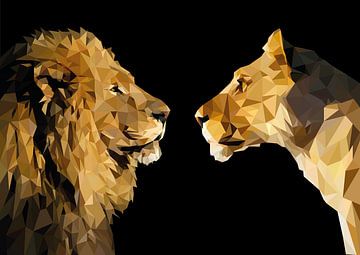 Leeuw en leeuwin, low poly stijl. van Nynke Altenburg