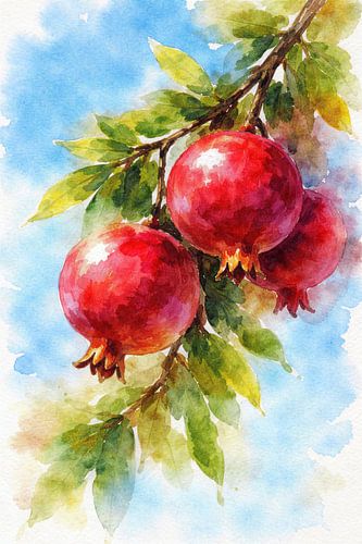 Rijpe granaatappels aan een tak (AI) (vers, fris, fruit, zomers, gezond, voedsel)