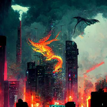 drakenoorlog in nachtstad illustratie van rinda ratuliu