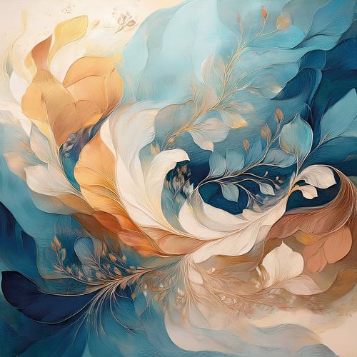 Abstracte weergave van warme tinten, koele blauwtinten en crèmekleuren.
