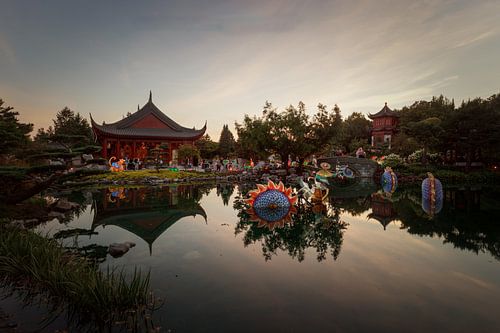 Sunset at the Montreal Botanical gardens, Chinese garden of lights