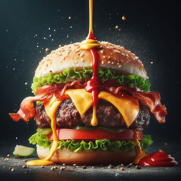 Burger with splashing sauce by Laly Laura