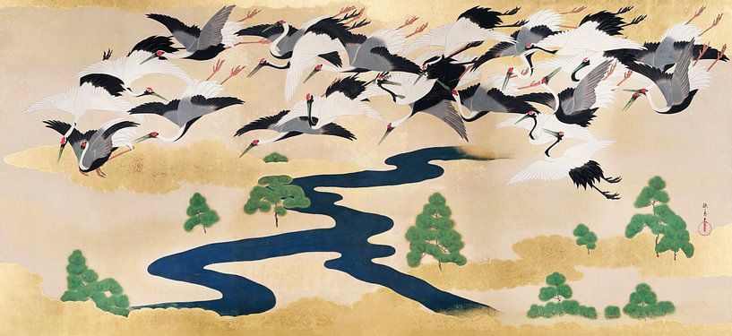 Japanese cranes and pines (right panel), Yamamoto Sodō by Masterful Masters