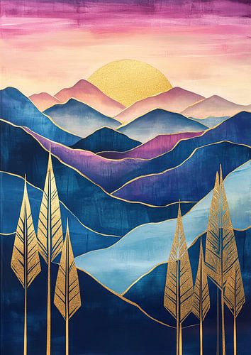 Art Deco Landschap Bergen Maan Goud Blauw Purper