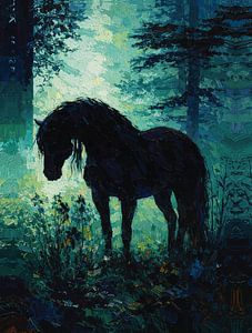 Cheval noir serein Forêt brumeuse Palette Couteau Impasto Portrait
