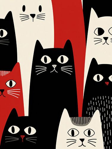 Minimalistische Katten in zwart-wit met rood