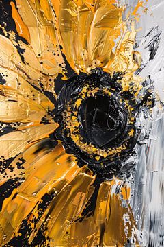 Abstracte zonnebloem in zwart, goud, oranje en wit van De Muurdecoratie