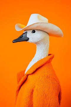 Chic goose in cowboy look in front of orange by Poster Art Shop