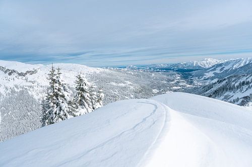 Grünten, Kleinwalsertal en Ritzler in de winter met uitzicht op de Allgäuer Alpen, Nebelhorn