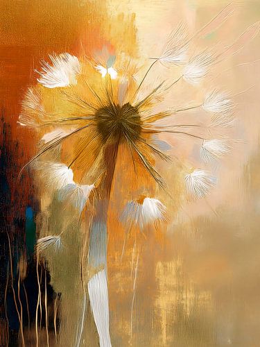 Modern Botanisch. Gouden Stilleven. Pluizenbol van Paardenbloem