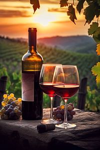 Weintrinken bei Sonnenuntergang im Weinberg