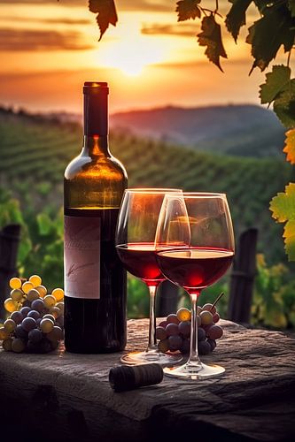 Wijn drinken bij zonsondergang in de wijngaard