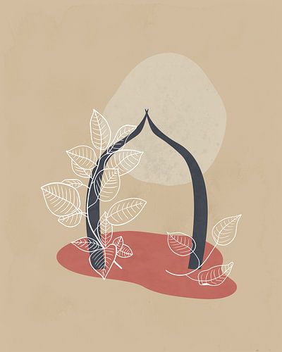 Minimalistisch landschap met een poortboog in lichte kleuren