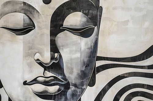 Surrealistisch boeddha schilderij in zwart-wit