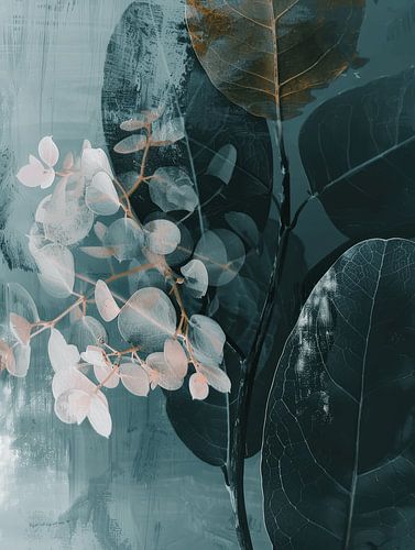 Botanisch abstract in warme groen tinten in Japandi stijl