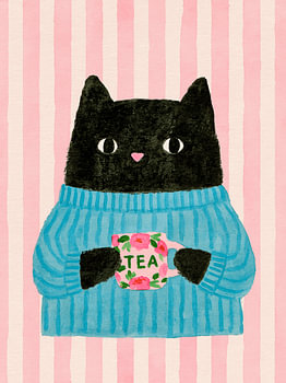 Zwarte kat met een trui met theemotief – illustratie