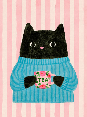 Zwarte kat met een trui met theemotief – illustratie