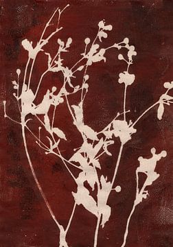 Witte bloemen op roestbruin. Wabi-sabi botanisch. van Dina Dankers