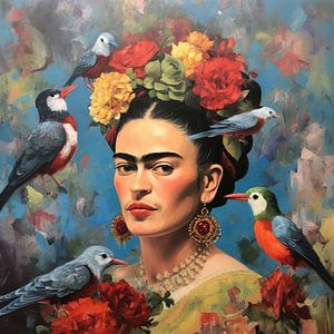 Frida - peinture Frida avec des oiseaux sur fond bleu