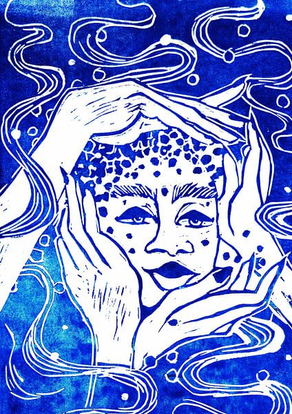 Female portrait with hands- Lino print by Dominique Bonne