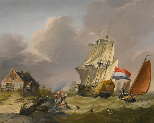 Scheepvaart in een storm voor de kust, Jan van Os