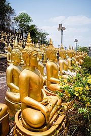 Goldene Statuen in einer Reihe am Wat Phousalao von Frank Photos