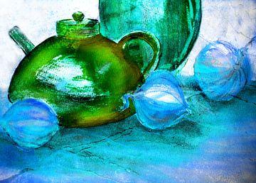 Kannen en uien in het blauw van Claudia Gründler