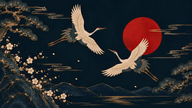 Golden Cranes Flying Beneath a Crimson Sun Across a Japanese Landscape by my pixel art