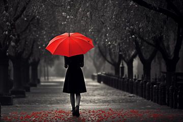 Jeune femme avec parapluie rouge sous la pluie, photographie en noir et blanc sur Animaflora PicsStock