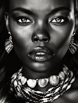 Nahaufnahme eines Porträts einer jungen Frau in Schwarz und Weiß von Carla Van Iersel