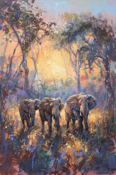 Evening Serenade - Elephants in the Golden Hour by Eva Lee