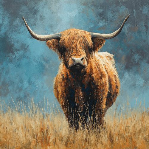 Scottish Highlander in Field under Blue Skies