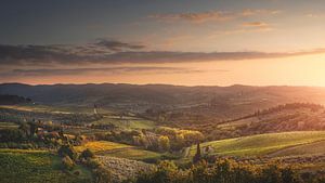 Panzano in Chianti Landschaft bei Sonnenuntergang. Toskana, Italien