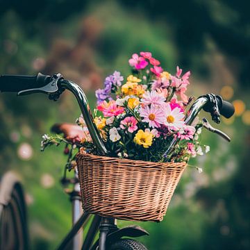 Bloemen versierd in een fietsmand van Poster Art Shop