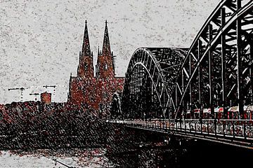 Keulen panorama artstyle schilderij zwart rouge wit van Michael Bartsch