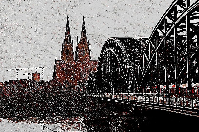 Cologne panorama artstyle painting black rouge white by Michael Bartsch
