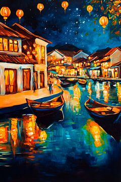 Vue nocturne avec des lanternes réfléchies sur Poster Art Shop