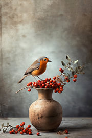 Stillleben Vogel auf Beeren und Zweigen in einer Vase von KB Design & Photography (Karen Brouwer)
