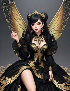 fantasiebeeld van een extravagante vrouw met een fantasy jurk aan in zwart en goud.