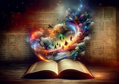 Een open book met verhalen en letters die eruit vloeien