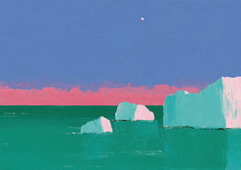 Icebergs in the turquoise sea against a sky of pink clouds by Niklas Maximilian