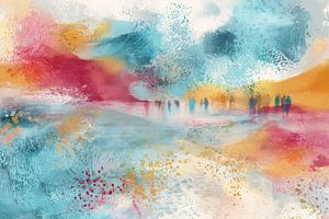 Abstract landscape in turquoise and coral