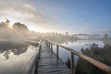 Fine Art Landschap van een mistige zonsopkomst bij de knuppelbrug aan de Roode Beek van John van de Gazelle fotografie