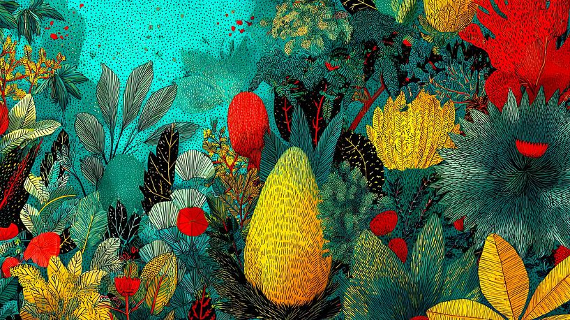 Colourful rainforest with tropical botany by May