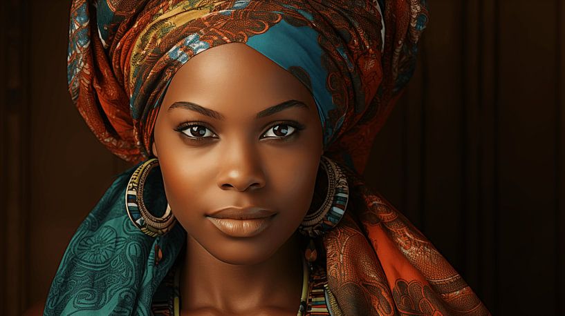 Porträt einer Afrikanerin mit buntem Kopftuch auf schwarzen Hintergrund von Animaflora PicsStock