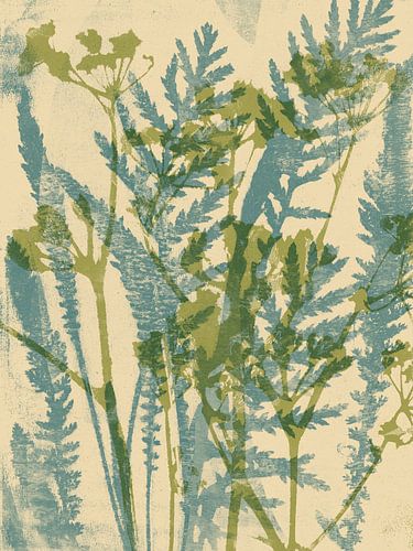 Wabi-sabi bloemen en grassen in groen, blauw en wit