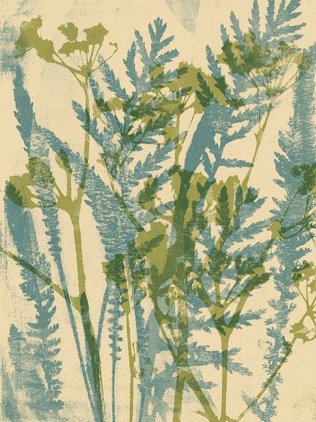 Wabi-sabi flowers and grasses in green, blue and  white by Abstract Minimalist Art