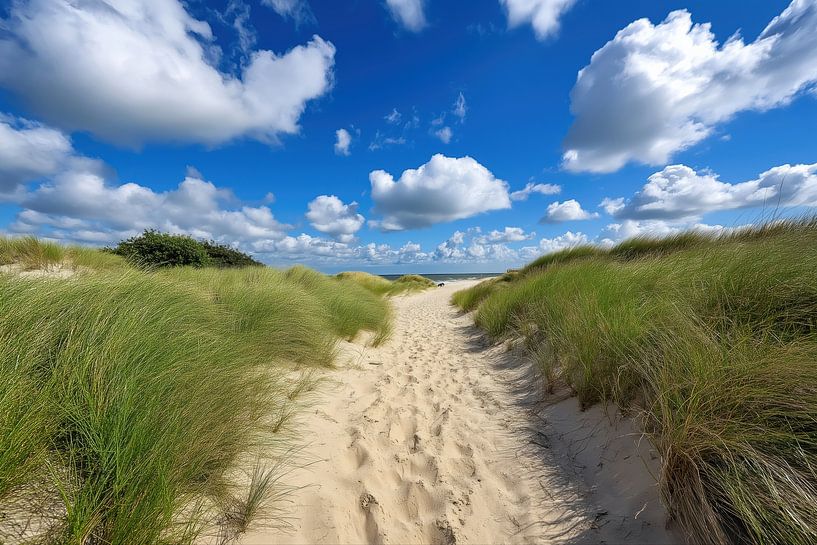 Duinen in Netherland met helmgras en een zandweg. van Monique Leenaerts